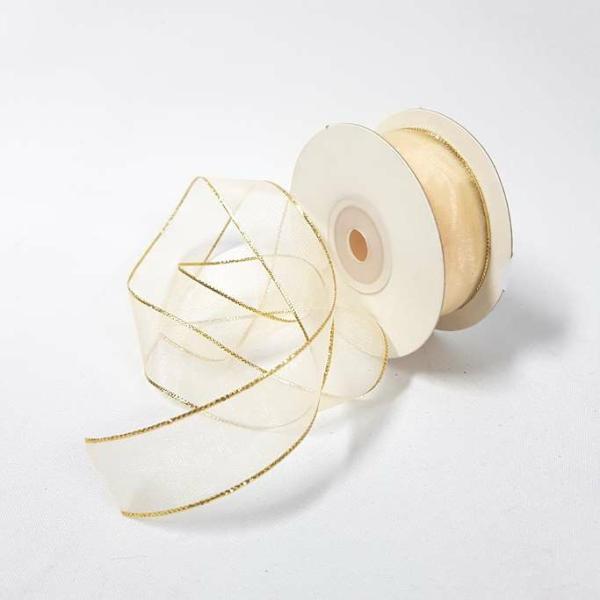 Organza Ribbon | Organza Ribbon Gold Edge 22Mm Cream Organza Ribbon Organza Ribbon