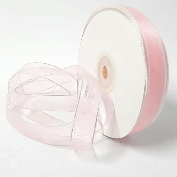 Organza Ribbon | Organza Ribbon Silver Edge 15Mm Baby Pink Organza Ribbon Organza Ribbon