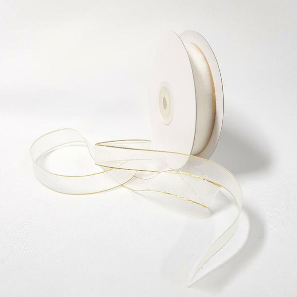 Ribbons Gold Thread | Organza Ribbon Gold Edge 15Mm White Ribbons Ribbons Gold Thread