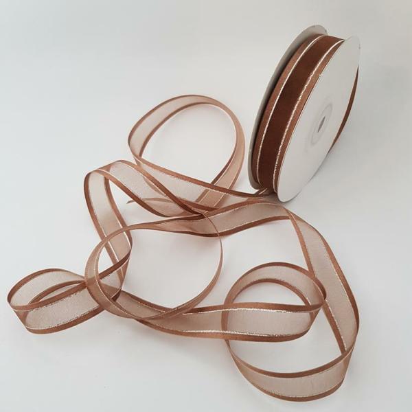 Ribbons Silver Thread | Organza Satin Edged Silver Thread 15Mm Brown Ribbons Ribbons Silver Thread