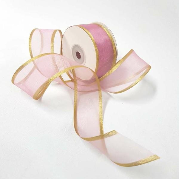 Organza Ribbon | Sheer Organza Ribbon 38Mm Gold Dusty Pink Organza Ribbon Organza Ribbon